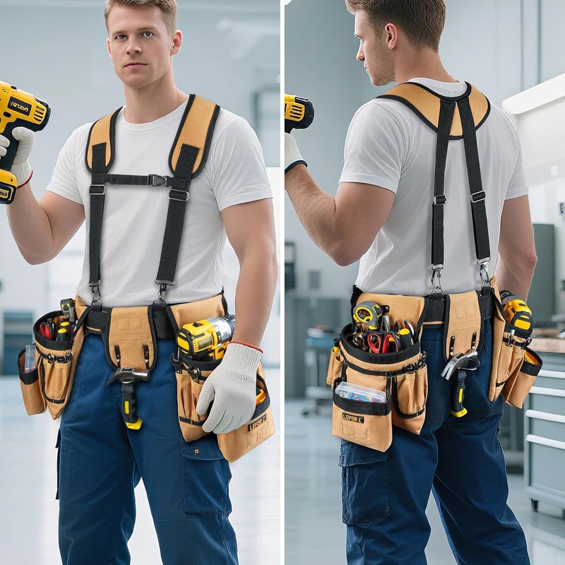 LEFORZ Tool Belt with Suspenders,27-Pockets Heavy Duty Tool Belts for Men with Magnetic Tool Pouch,Detachable & Adjustable Work Belt Bag for Electrician,Carpenter,Construction,Utility Toolbelt,Black,Brown - Image 3